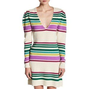 NWT Free People Gidget Ivory Striped V-Neck Sweater Dress Long Sleeve Sz. XS